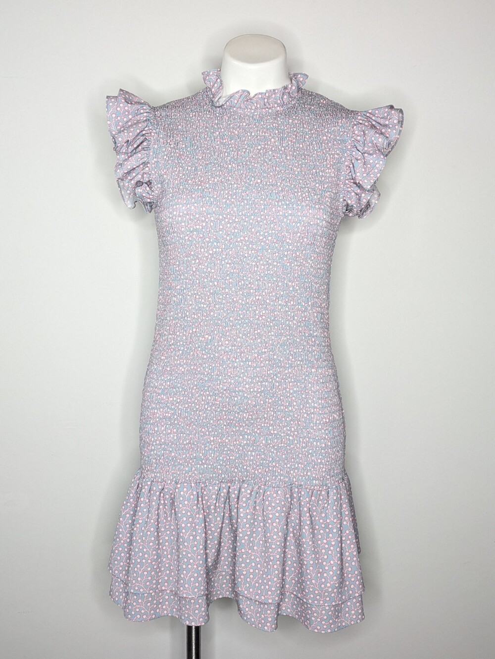 French Connection Blue Pink Ditsy Floral Smocked Drop Waist Ruffle Sleeve Dress